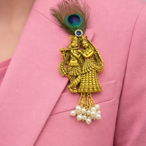 Designer Radha Krishna brooch with peacock feather for festive wear