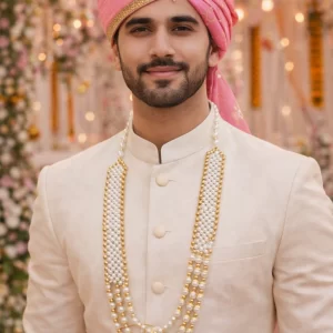 Designer multi-layer pearl mala necklace with gold beads for wedding and festive wear