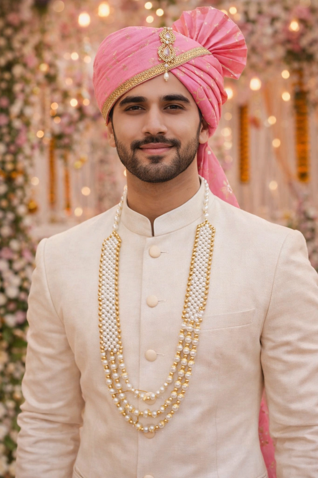 Designer multi-layer pearl mala necklace with gold beads for wedding and festive wear