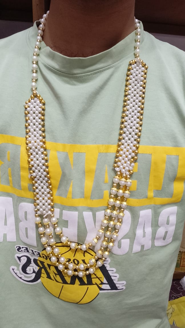 Elegant white pearl mala necklace with golden beads traditional jewellery