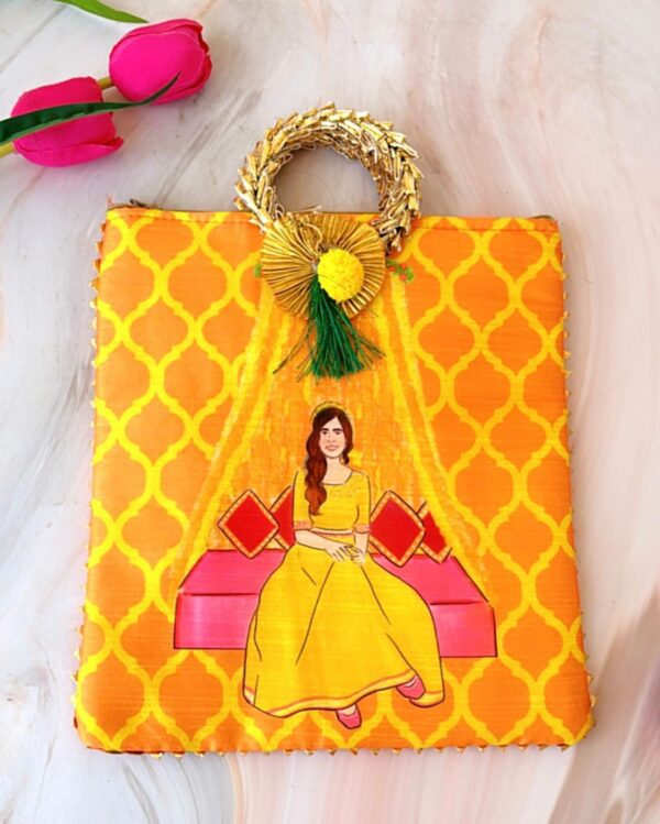 Haldi mehandi bridal print hand bag with bangle handle for wedding and festival gift