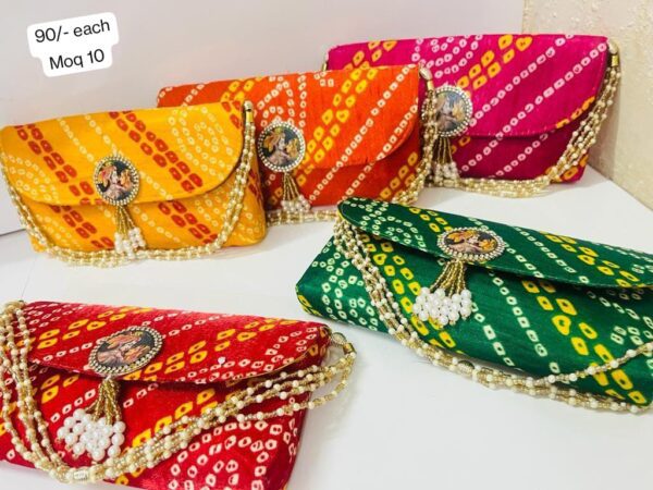 Bandhej print purse with krishna bhagwan handwork patch and latkan