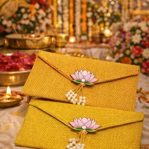 Elegant lotus printed jute envelope for wedding and pooja occasions