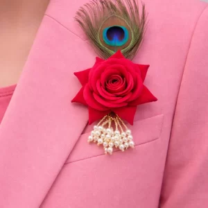 Designer red rose lapel pin with morpankh detailing