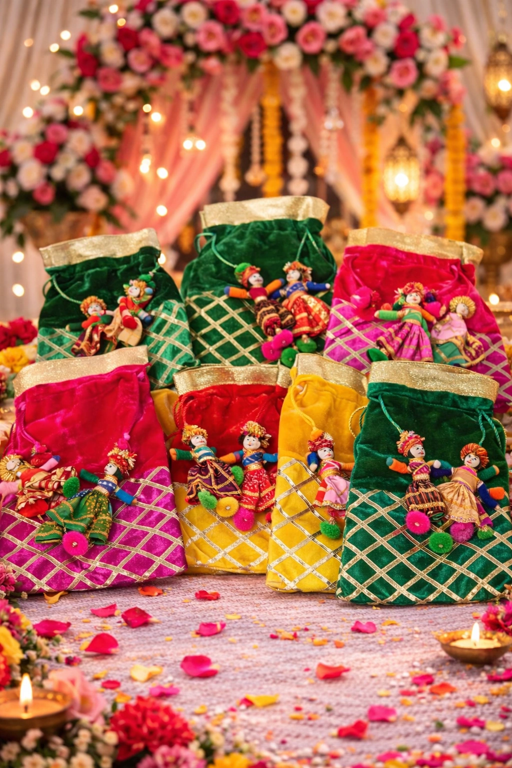 Velvet potli bag with traditional doll work for wedding return gifts