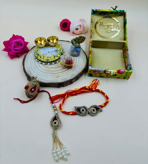 Rakhi Gift Hamper with Bhaiya Bhabhi Rakhi, MDF Box & Sweets