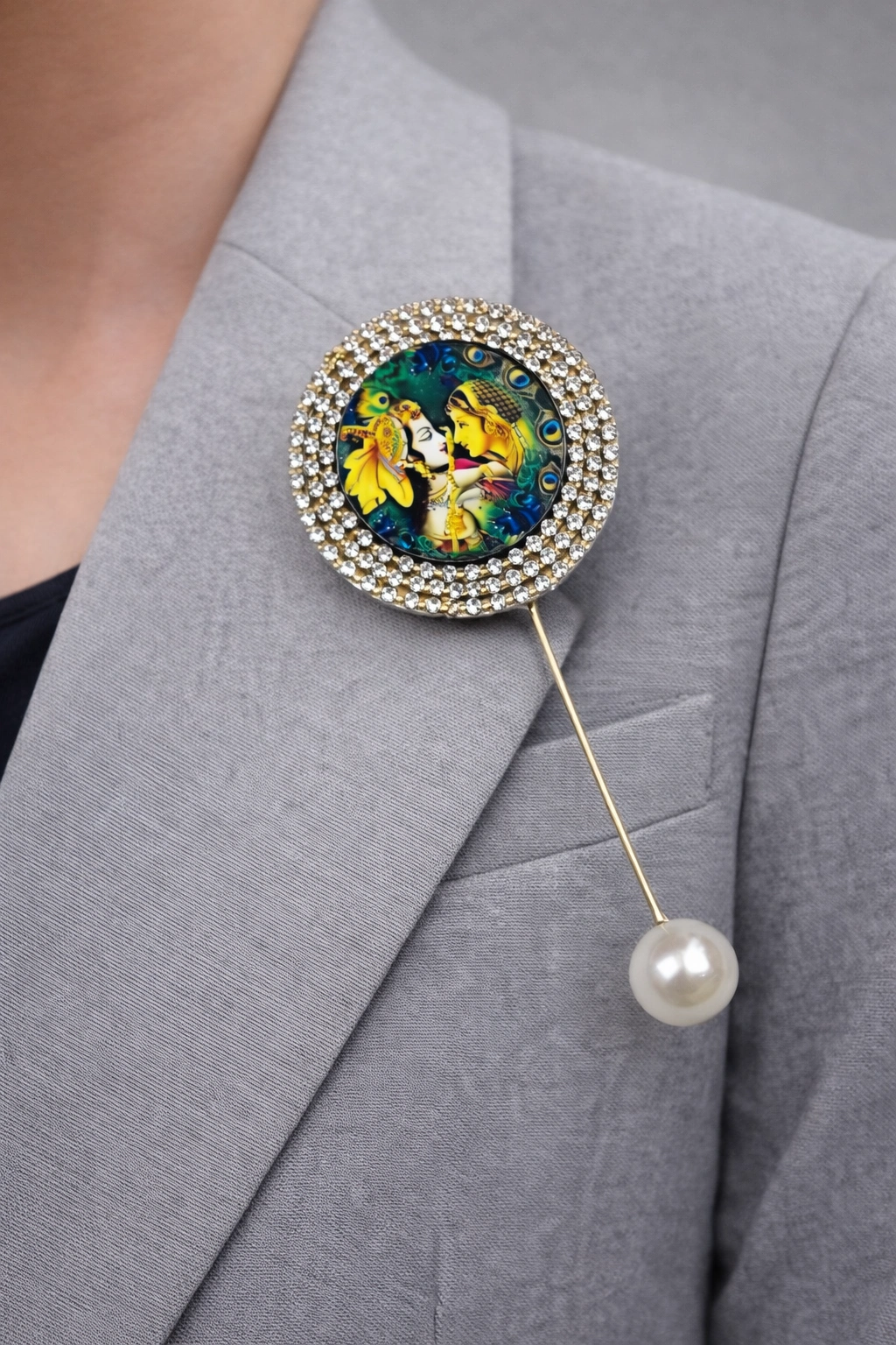 Elegant Radha Krishna brooch pin for festive and spiritual wear