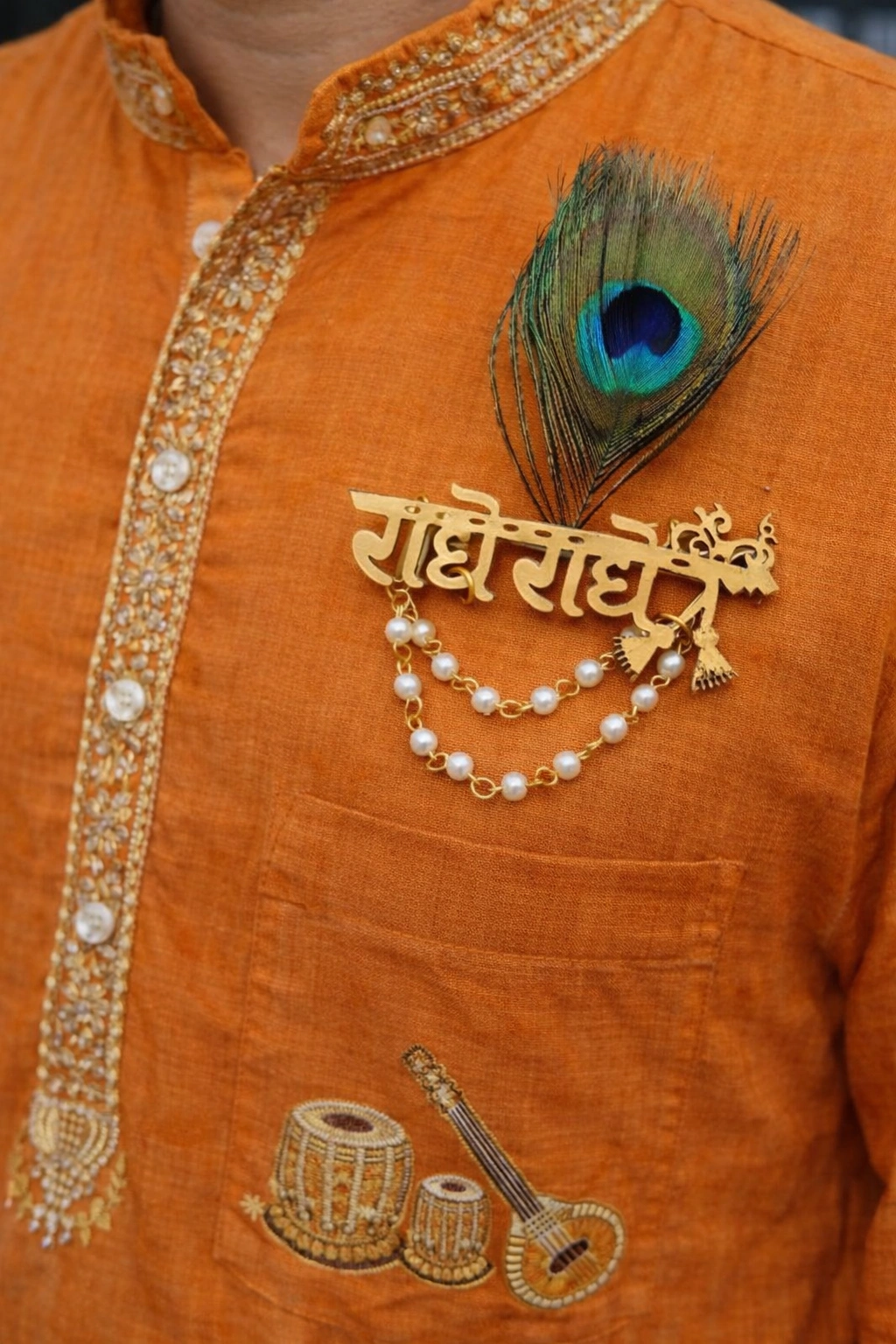 Traditional Radhe Radhe lapel pin brooch for festive outfits