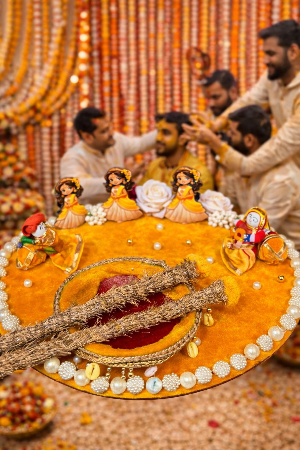 Designer haldi ceremony tray with dolls and traditional floral setup