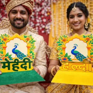 Bridal haldi mehndi thali with elegant peacock theme decoration