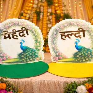 Wedding haldi thali set with floral peacock artwork for bride and groom rituals