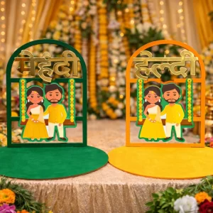 Wedding haldi thali set with decorative elements for bride and groom rituals
