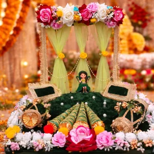 Decorative mehndi ceremony backdrop with ethnic elements and floral design