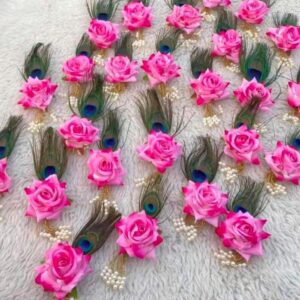 Handmade Pink Rose Flower Brooches with Peacock Feather (Mor Pankh) Designs. for Barat swaget.(1Piece)