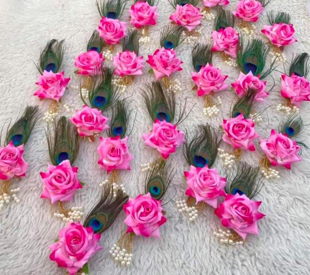 Handmade Pink Rose Flower Brooches with Peacock Feather (Mor Pankh) Designs. for Barat swaget.(1Piece)