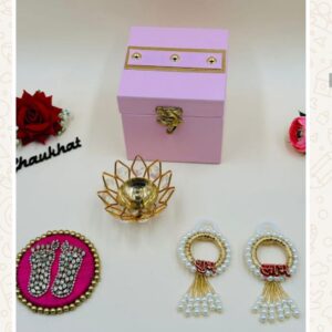 Pooja Gift Hamper – Box, Charan Paduka, Diya & Shubh Labh Set (1 Piece)