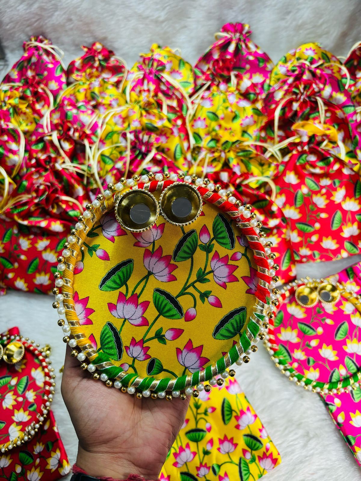 Pichwai design roli chawal plate for puja and wedding rituals