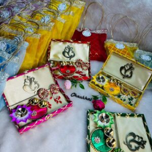 Box Gift Items – Shubh Labh, Roli Chawal Plate & Lotus Design Diya