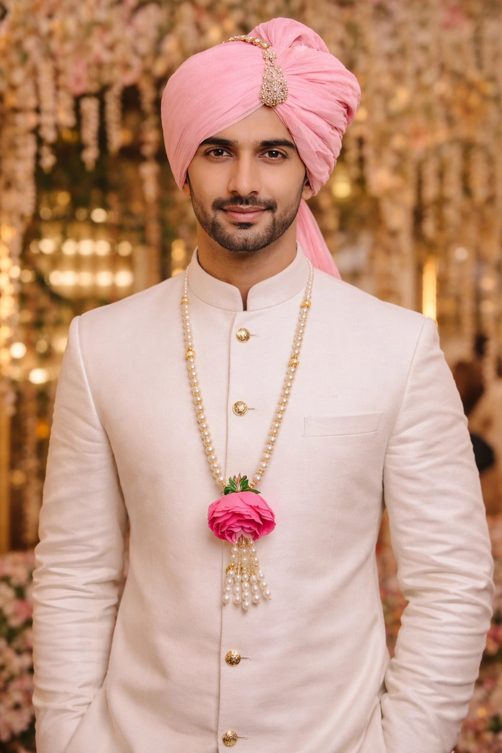 Pink flower welcome mala with pearl beads for wedding ceremony