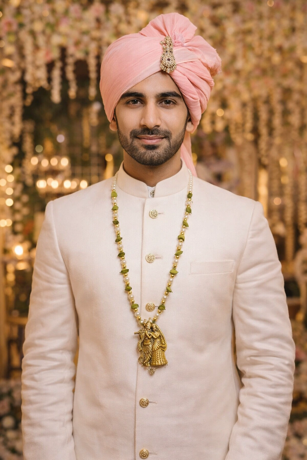 Real elaichi beads swagat mala with Radha Krishna pendant for wedding welcome