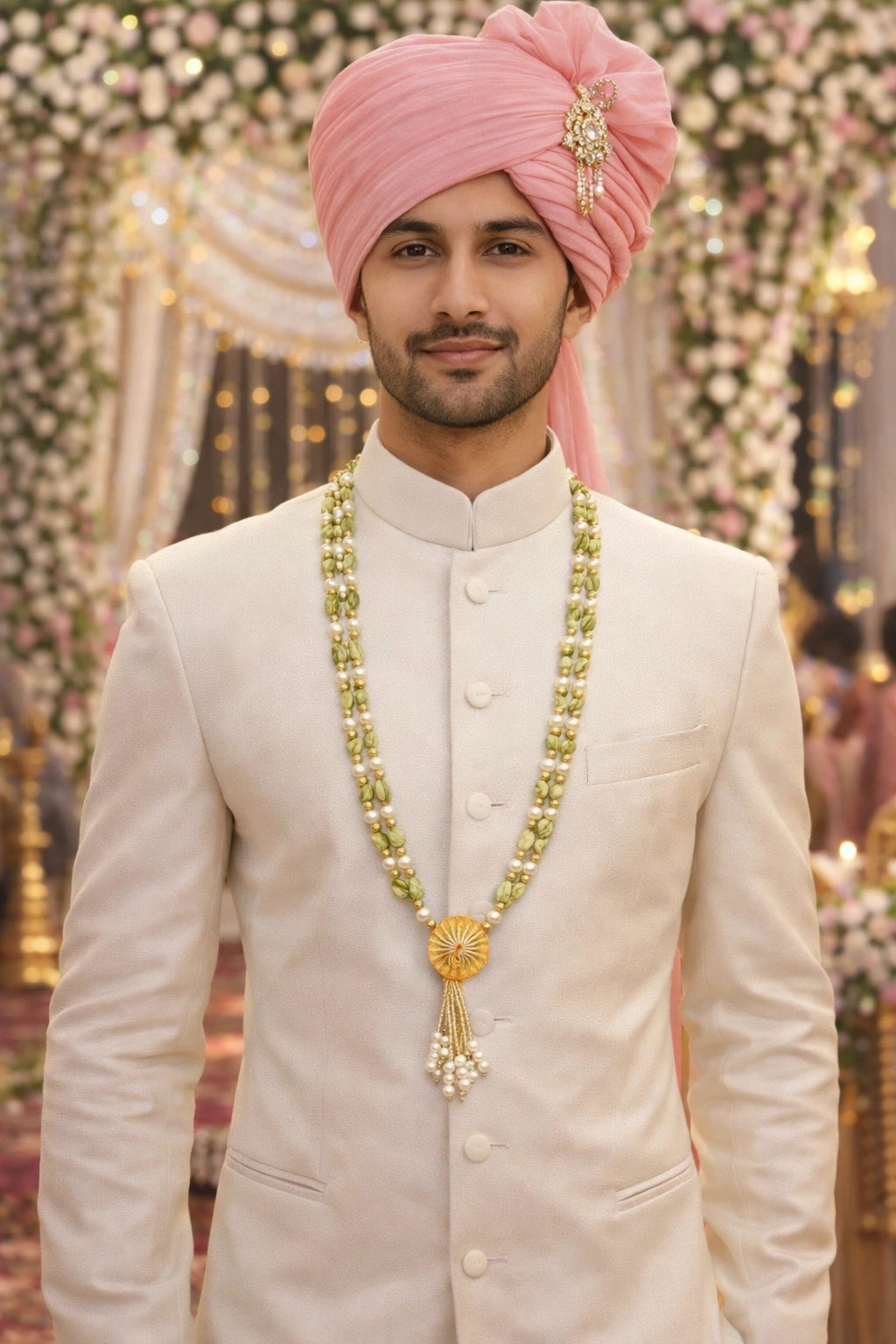 Groom Pearl Mala with Green Beads