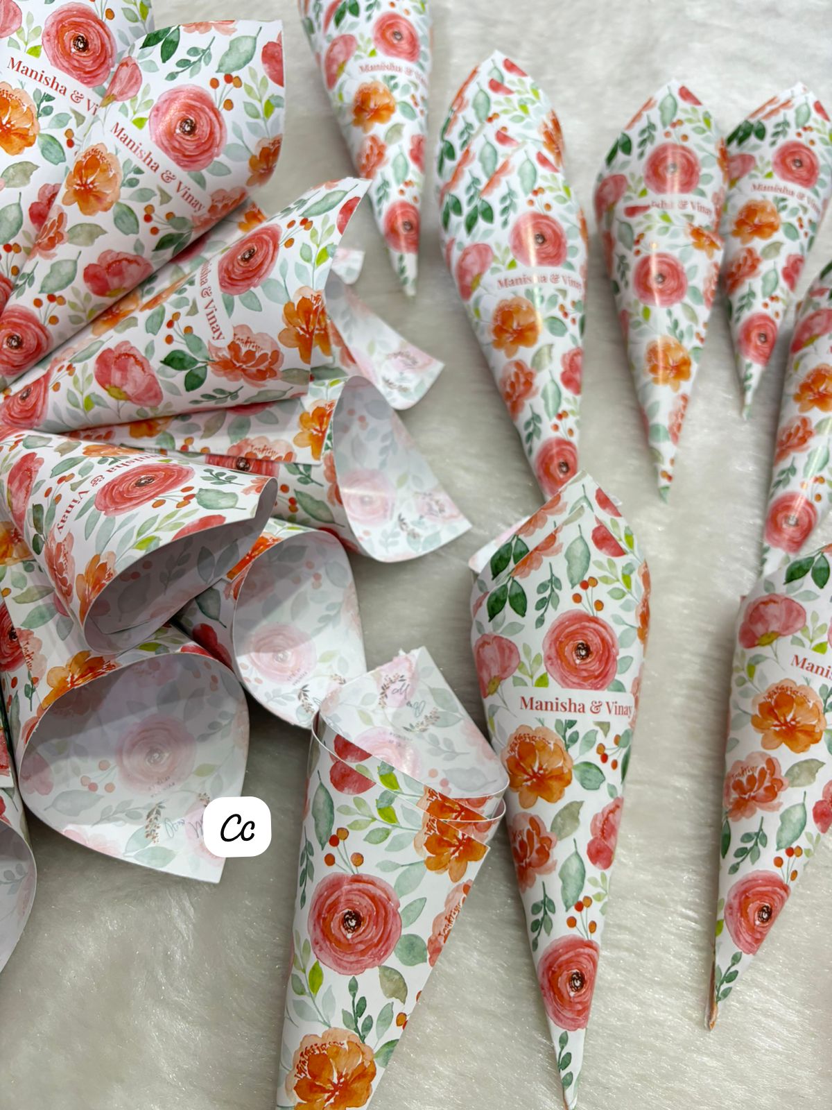 Customised petal cones with name and date for wedding ceremony and bridal entry