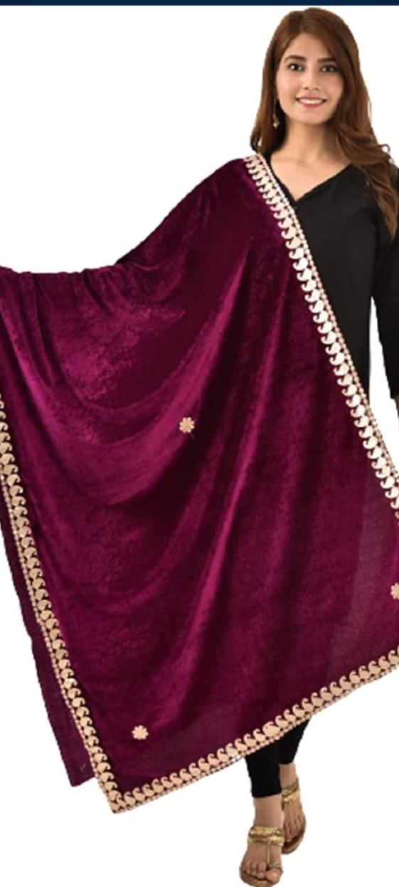 Rich wine velvet dupatta with designer gold border for ethnic wear