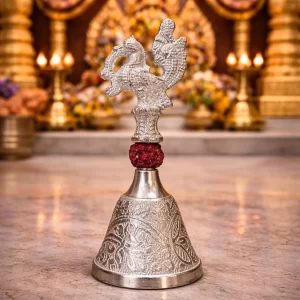 silver finish pooja bell with peacock handle for aarti and mandir