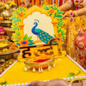 bridal haldi platter with vibrant peacock artwork for indian wedding function
