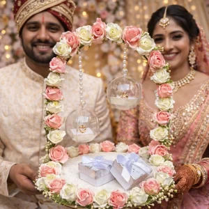 Wedding ring platter with floral decor for engagement ceremony