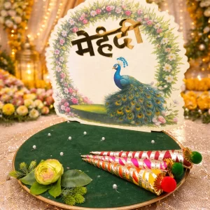 Traditional peacock theme mehndi platter for bridal ceremony setup