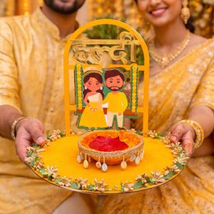 designer haldi thali for bride and groom haldi ceremony setup