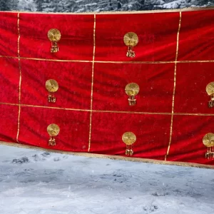 Royal red velvet bridal welcome chadar with golden latkans for wedding entry