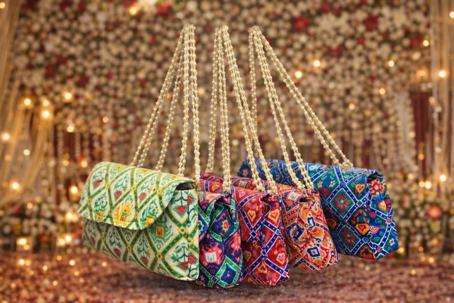 Patlo printed potli bag with pearl handle for wedding gifts