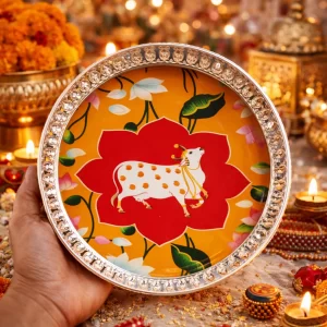 Pichwai design German silver basket 8 inch for wedding return gift