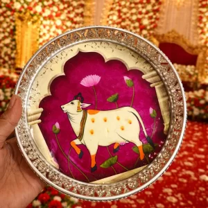 traditional Pichwai style cow design hamper basket for festive gifting