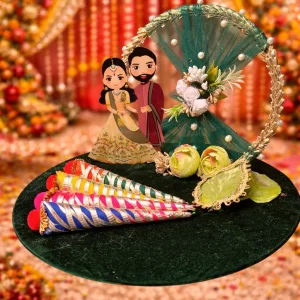 Bridal mehndi platter set with groom bride dolls and festive cone arrangement