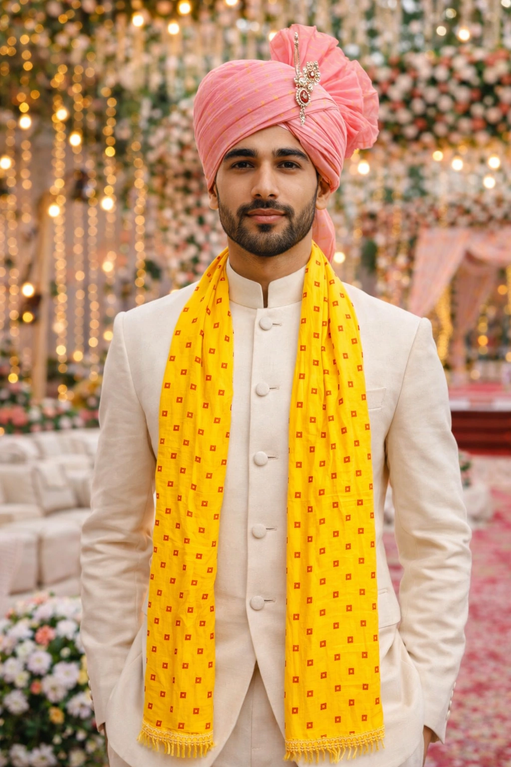 Pink Bandhej phatka for Indian wedding barat swagat ceremony