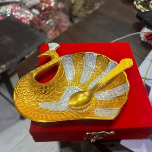 Designer German Silver Peacock Plate with Spoon for pooja rituals and home decor