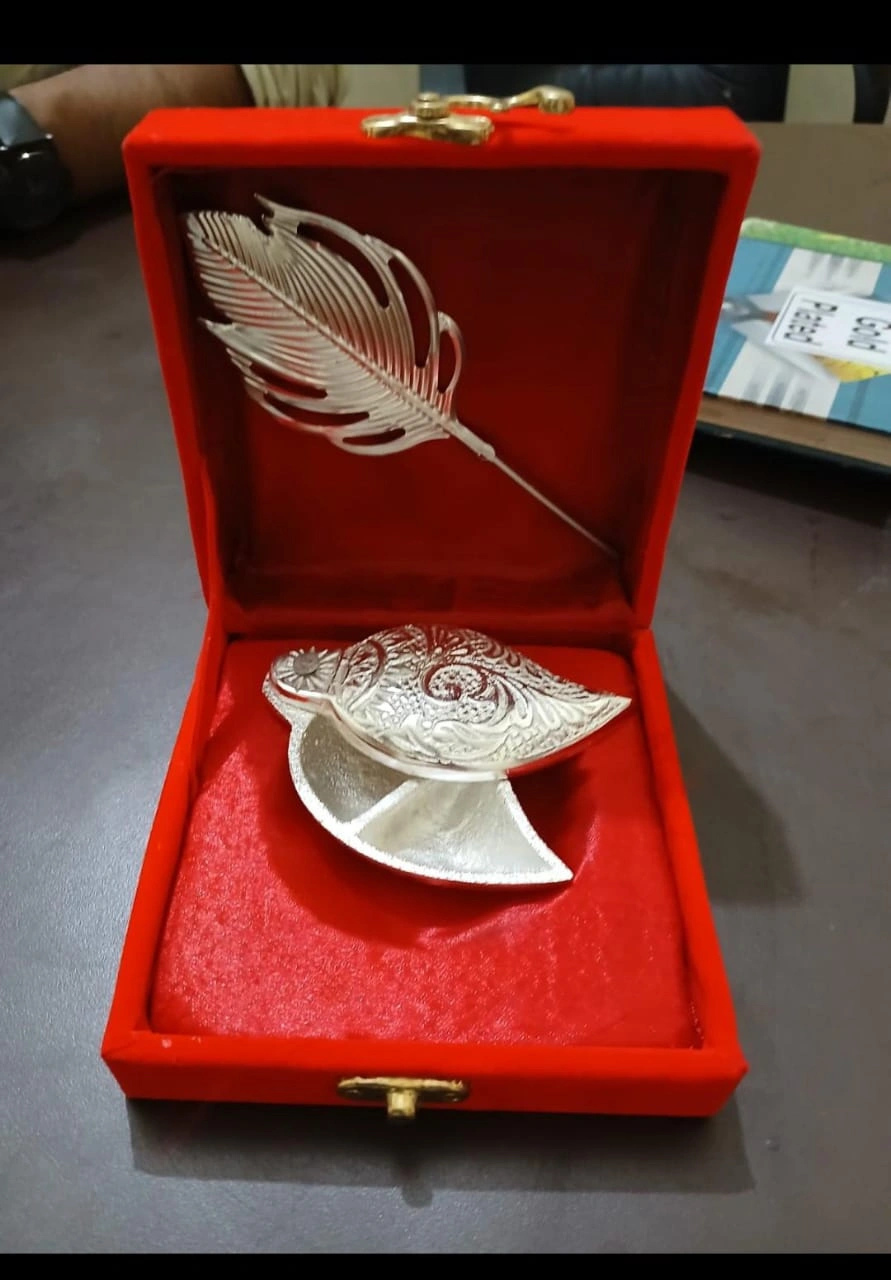 German silver roli chawal chopda with tilak stick packed in velvet box for puja and weddings