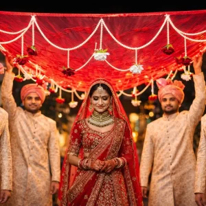 Red net bridal entry chadar with pearl detailing for wedding ceremony