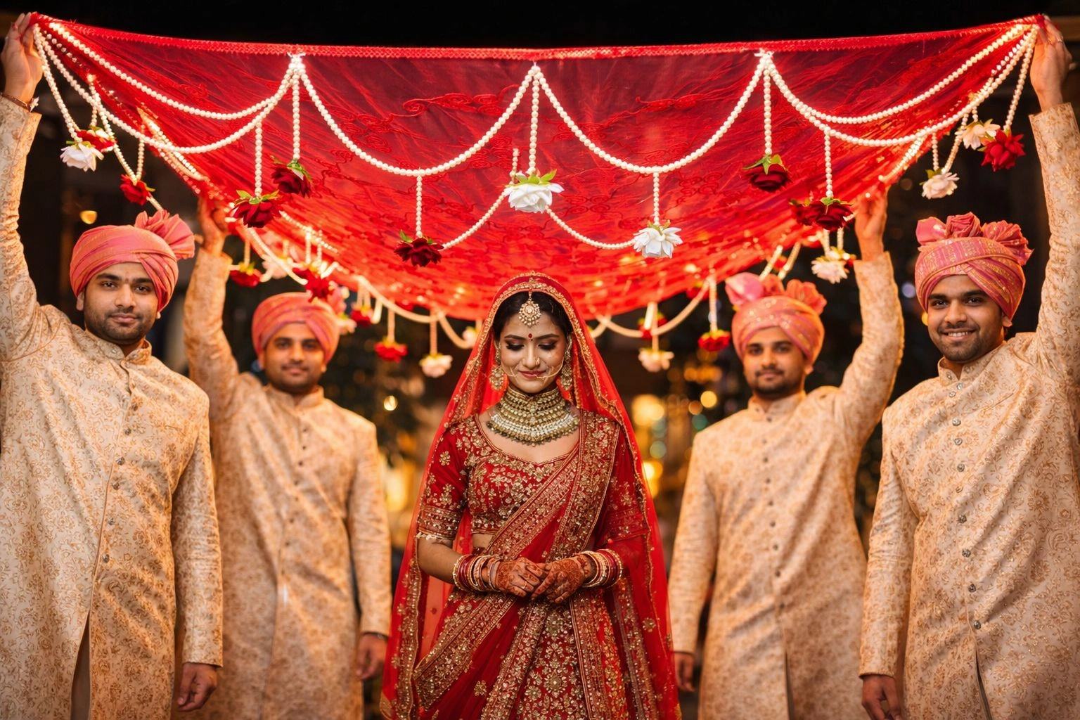 Red net bridal entry chadar with pearl detailing for wedding ceremony