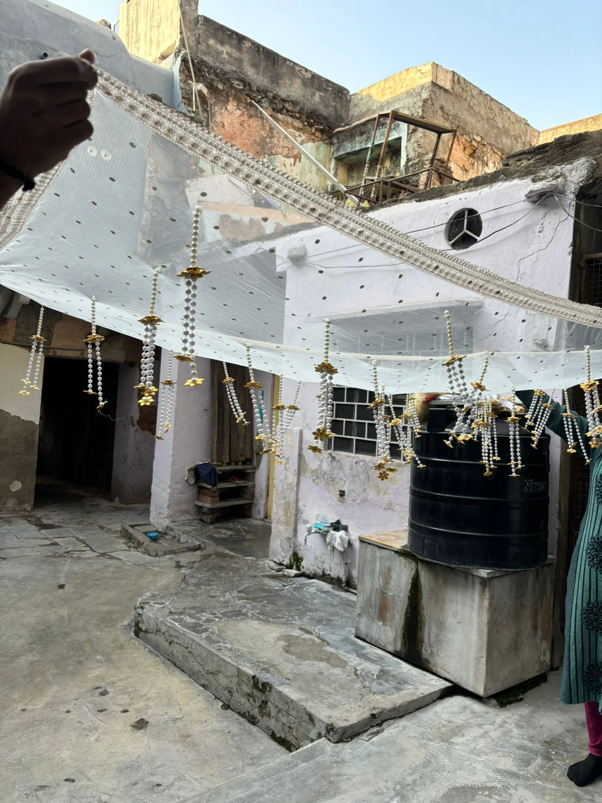 Pearl hanging bridal entry chadar with golden floral drops for wedding ceremony