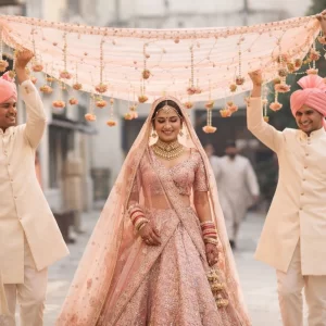 Royal peach phoolon ki chadar for bridal entry ceremony