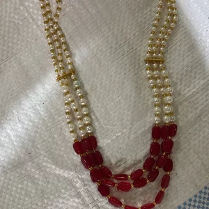 Red beads and pearl layered traditional mala necklace for pooja