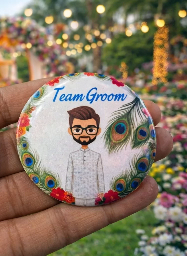 Wedding badges for groom side family and guests at Indian wedding