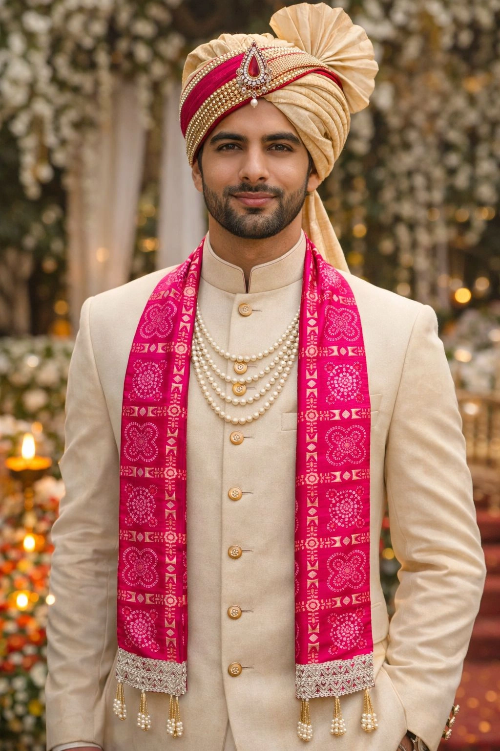 Pink bandhej patka for wedding barat and traditional welcome ceremony