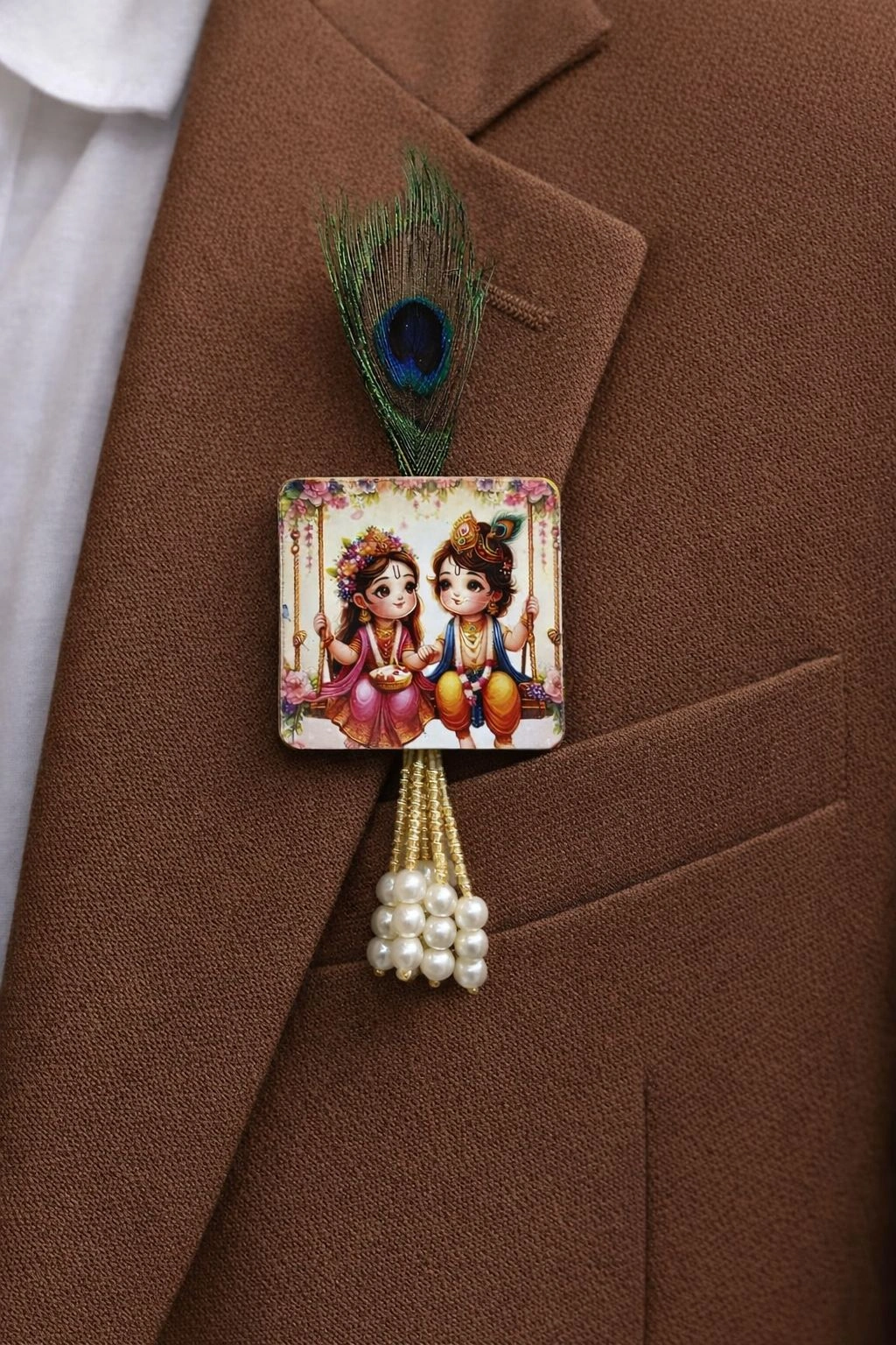 Radha Krishna peacock feather pearl brooch for wedding and festive wear