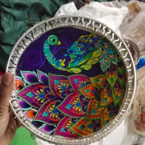 German silver peacock design 8 inch decorative basket for wedding and pooja use