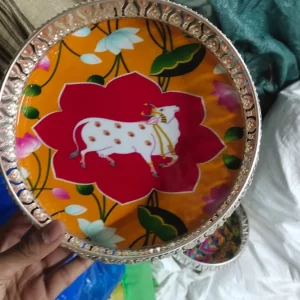 8 inch German silver Pichwai lotus design basket for wedding and festive gifting